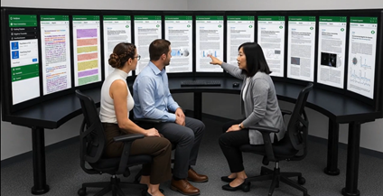 Researchers using a MyDocs collaboration system of large touchscreens in a circular arc